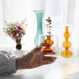 欧洲简约INS风新品糖葫芦串彩色双层玻璃花瓶插花器网红餐厅摆件
