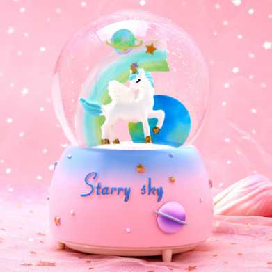 少女心独角兽水晶球音乐盒摆件飘雪卡通彩虹八音儿童学生生日礼物