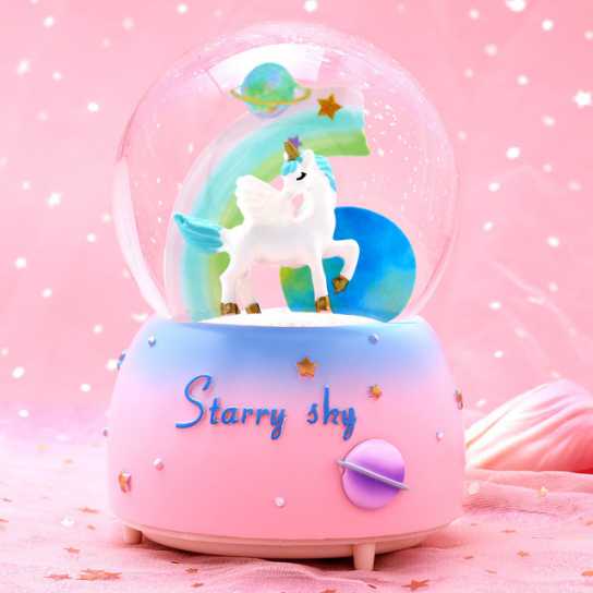 少女心独角兽水晶球音乐盒摆件飘雪卡通彩虹八音儿童学生生日礼物