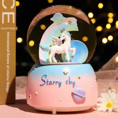少女心独角兽水晶球音乐盒摆件飘雪卡通彩虹八音儿童学生生日礼物