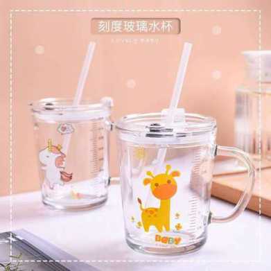 儿童玻璃杯刻度杯牛奶杯带把印花果汁吸管杯学生礼品