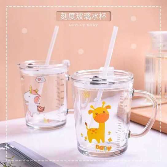 儿童玻璃杯刻度杯牛奶杯带把印花果汁吸管杯学生礼品