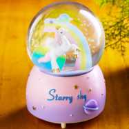 创意梦幻独角兽水晶球音乐盒飘雪 送女生 生日儿童礼物树脂摆件