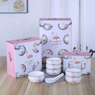火烈鸟黑线陶瓷碗筷套装 开业小礼品 礼品陶瓷餐具青花瓷碗