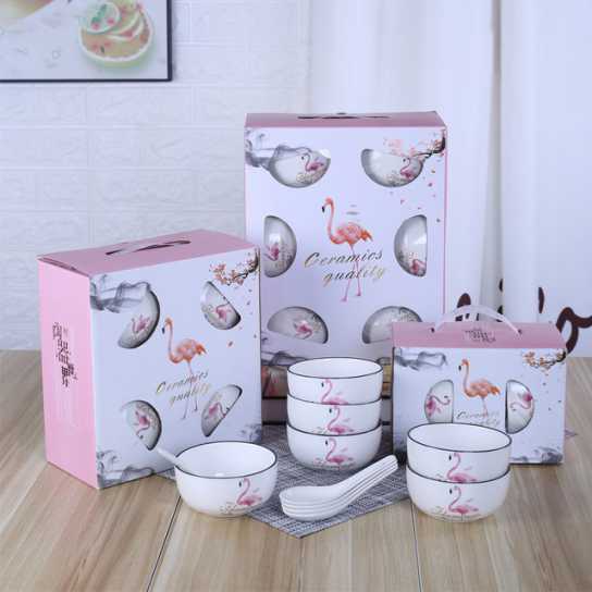 火烈鸟黑线陶瓷碗筷套装 开业小礼品 礼品陶瓷餐具青花瓷碗