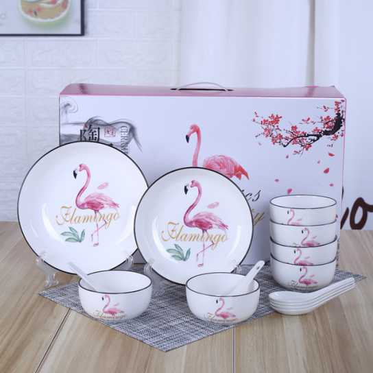 火烈鸟黑线陶瓷碗筷套装 开业小礼品 礼品陶瓷餐具青花瓷碗