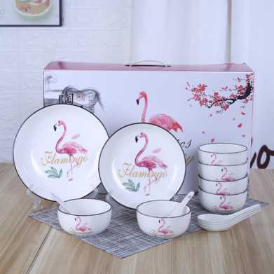 火烈鸟黑线陶瓷碗筷套装 开业小礼品 礼品陶瓷餐具青花瓷碗