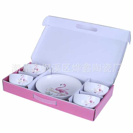 火烈鸟黑线陶瓷碗筷套装 开业小礼品 礼品陶瓷餐具青花瓷碗