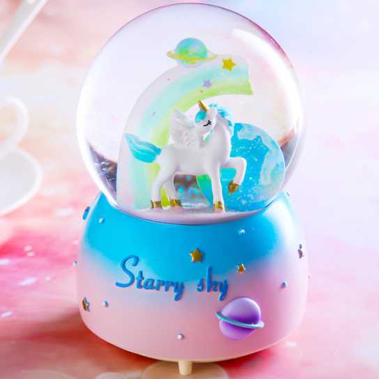 创意梦幻独角兽水晶球音乐盒飘雪 送女生 生日儿童礼物树脂摆件