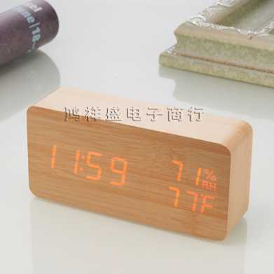 闹钟铃创意电子时钟led木头钟声控礼品温湿度木头钟