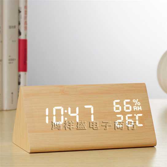 闹钟铃创意电子时钟led木头钟声控礼品温湿度木头钟